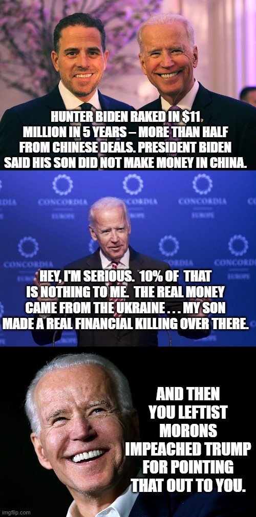Even with blatant dementia, Joe Biden is smarter than the average Dem Party voters . . . and that's just sad. | HUNTER BIDEN RAKED IN $11 MILLION IN 5 YEARS – MORE THAN HALF FROM CHINESE DEALS. PRESIDENT BIDEN SAID HIS SON DID NOT MAKE MONEY IN CHINA. HEY, I'M SERIOUS.  10% OF  THAT IS NOTHING TO ME.  THE REAL MONEY CAME FROM THE UKRAINE . . . MY SON MADE A REAL FINANCIAL KILLING OVER THERE. AND THEN YOU LEFTIST MORONS IMPEACHED TRUMP FOR POINTING THAT OUT TO YOU. | image tagged in corruption | made w/ Imgflip meme maker