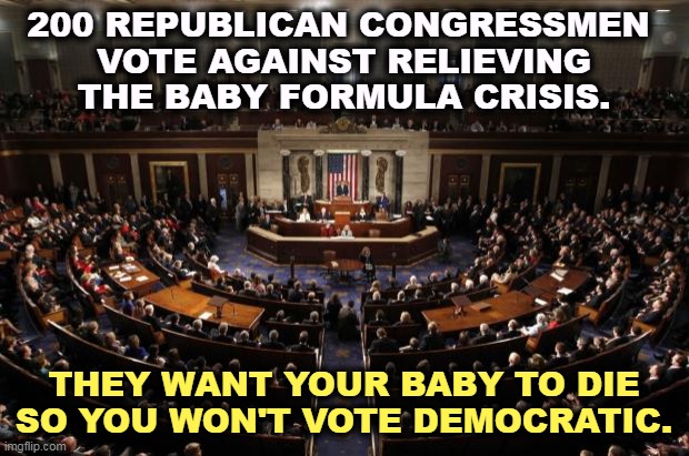 Republicans love fetuses but hate  babies. | 200 REPUBLICAN CONGRESSMEN 
VOTE AGAINST RELIEVING THE BABY FORMULA CRISIS. THEY WANT YOUR BABY TO DIE SO YOU WON'T VOTE DEMOCRATIC. | image tagged in congress,republicans,love,fetus,hate,babies | made w/ Imgflip meme maker