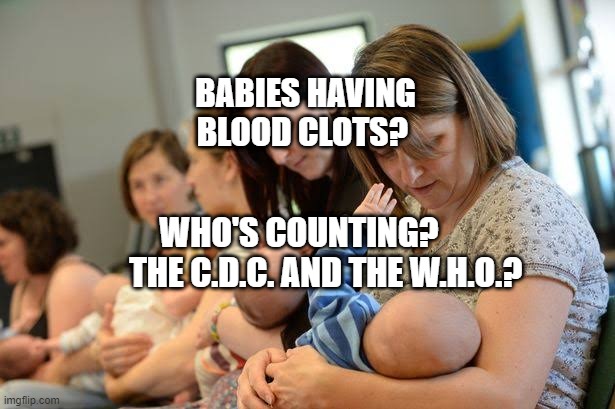 Mum Life NYE | BABIES HAVING BLOOD CLOTS? WHO'S COUNTING?         THE C.D.C. AND THE W.H.O.? | image tagged in mum life nye | made w/ Imgflip meme maker