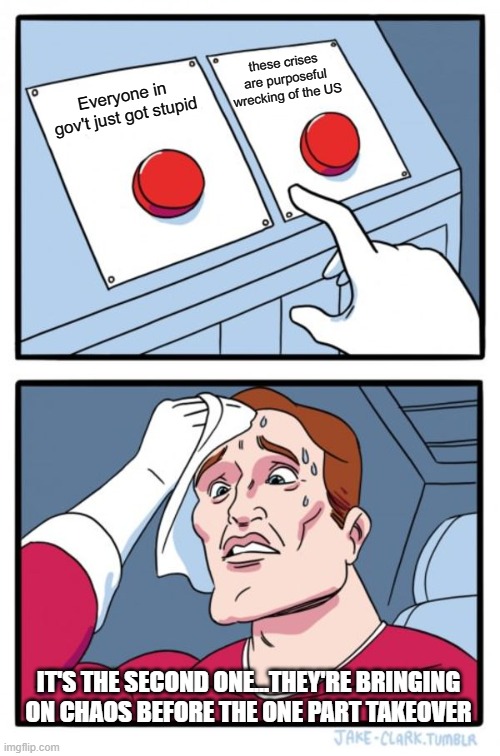 This is on purpose - they hate this country & its historic population | these crises are purposeful wrecking of the US; Everyone in gov't just got stupid; IT'S THE SECOND ONE...THEY'RE BRINGING ON CHAOS BEFORE THE ONE PART TAKEOVER | image tagged in memes,two buttons | made w/ Imgflip meme maker