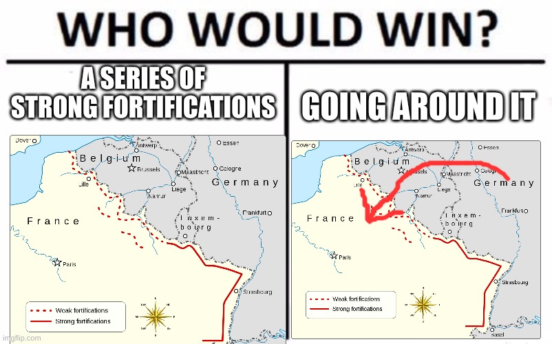 This was probably not the exact route the Germans took |  A SERIES OF STRONG FORTIFICATIONS; GOING AROUND IT | image tagged in who would win | made w/ Imgflip meme maker