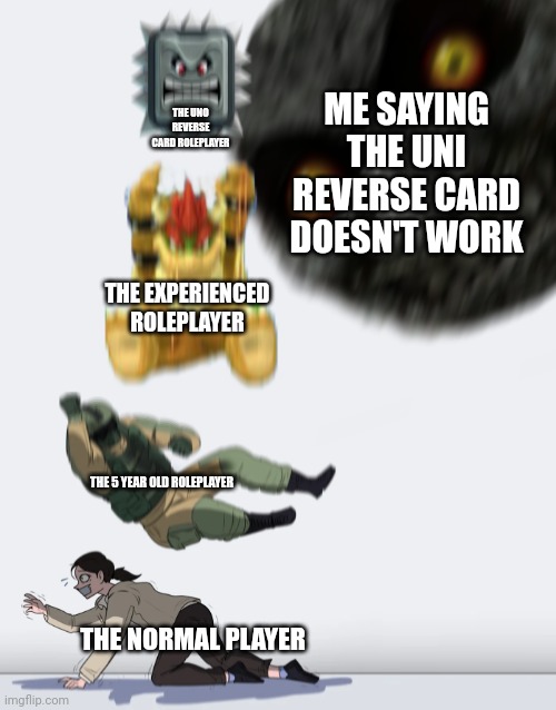 The average robotic RP server | ME SAYING THE UNI REVERSE CARD DOESN'T WORK; THE UNO REVERSE CARD ROLEPLAYER; THE EXPERIENCED ROLEPLAYER; THE 5 YEAR OLD ROLEPLAYER; THE NORMAL PLAYER | image tagged in crushing combo,roblox,memes,roleplaying,lol,oh wow are you actually reading these tags | made w/ Imgflip meme maker
