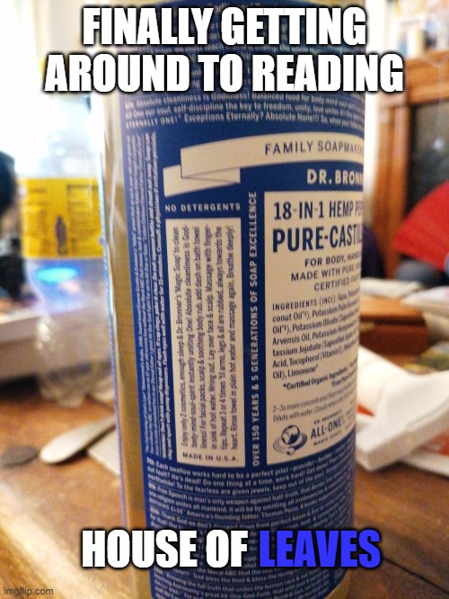 house of leaves | FINALLY GETTING AROUND TO READING; HOUSE OF; LEAVES | image tagged in house of leaves,bronner's | made w/ Imgflip meme maker