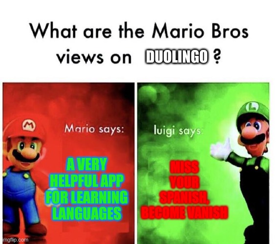 Duolingo Veiws | DUOLINGO; A VERY HELPFUL APP FOR LEARNING LANGUAGES; MISS YOUR SPANISH, BECOME VANISH | image tagged in mario bros views | made w/ Imgflip meme maker