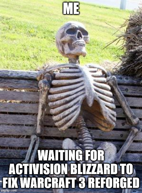 Waiting for eternity | ME; WAITING FOR ACTIVISION BLIZZARD TO FIX WARCRAFT 3 REFORGED | image tagged in memes,waiting skeleton | made w/ Imgflip meme maker