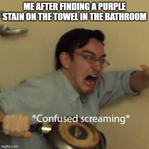 filthy frank confused scream | ME AFTER FINDING A PURPLE STAIN ON THE TOWEL IN THE BATHROOM | image tagged in filthy frank confused scream | made w/ Imgflip meme maker