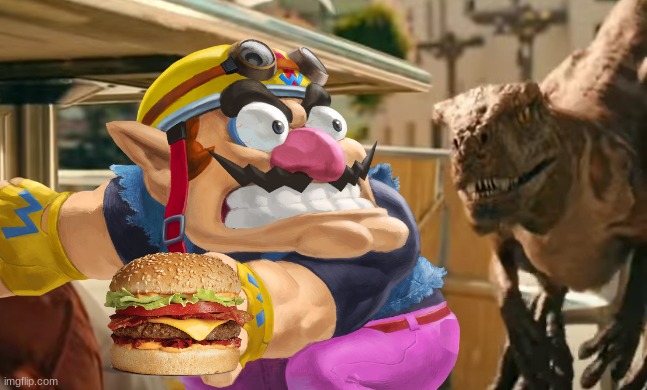 Wario dies by Red the Atrociraptor while eating a hamburger at Hardees/Carl's Jr.mp3 | image tagged in wario dies,wario,jurassic park,jurassic world,dinosaur,hamburger | made w/ Imgflip meme maker