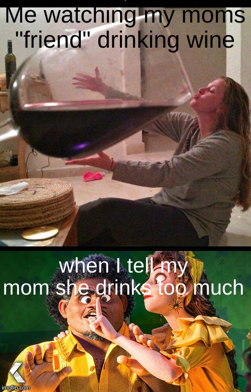 Bruh |  Me watching my moms "friend" drinking wine; when I tell my mom she drinks too much | image tagged in wine drinker,we don't talk about bruno | made w/ Imgflip meme maker