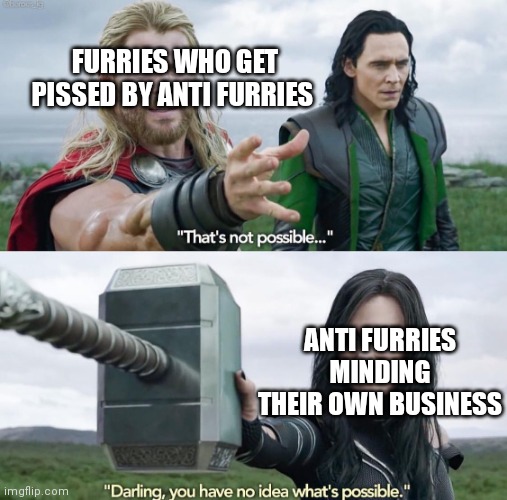 That’s not possible! | FURRIES WHO GET PISSED BY ANTI FURRIES ANTI FURRIES MINDING THEIR OWN BUSINESS | image tagged in that s not possible | made w/ Imgflip meme maker