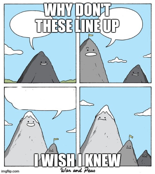 simple ex | WHY DON'T THESE LINE UP; I WISH I KNEW | image tagged in mountain | made w/ Imgflip meme maker