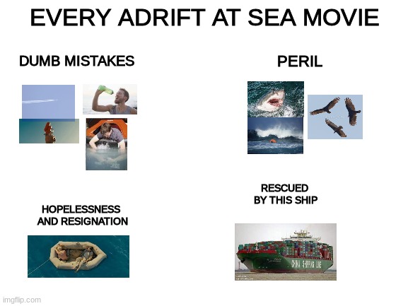Every Adrift at Sea Movie | EVERY ADRIFT AT SEA MOVIE; PERIL; DUMB MISTAKES; RESCUED 
BY THIS SHIP; HOPELESSNESS 
AND RESIGNATION | image tagged in blank white template | made w/ Imgflip meme maker