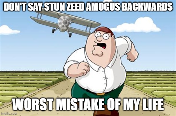 Just don't say it | DON'T SAY STUN ZEED AMOGUS BACKWARDS; WORST MISTAKE OF MY LIFE | image tagged in worst mistake of my life | made w/ Imgflip meme maker