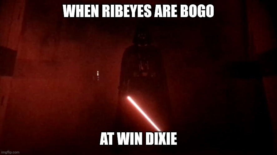 darth vader rogue one hallway | WHEN RIBEYES ARE BOGO; AT WIN DIXIE | image tagged in darth vader rogue one hallway | made w/ Imgflip meme maker