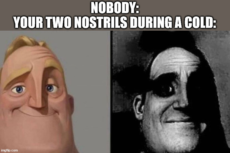 Is true | NOBODY:
YOUR TWO NOSTRILS DURING A COLD: | image tagged in dark mr incredible | made w/ Imgflip meme maker