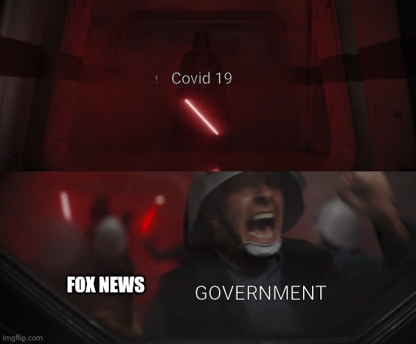 Darth Vader vs Rebel | Covid 19; GOVERNMENT; FOX NEWS | image tagged in darth vader vs rebel | made w/ Imgflip meme maker