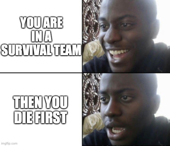 Happy / Shock | YOU ARE IN A SURVIVAL TEAM THEN YOU DIE FIRST | image tagged in happy / shock | made w/ Imgflip meme maker