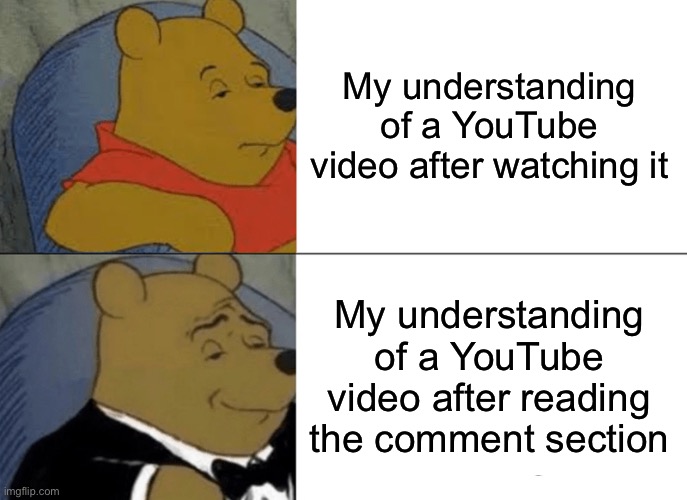 Specifically short films |  My understanding of a YouTube video after watching it; My understanding of a YouTube video after reading the comment section | image tagged in memes,tuxedo winnie the pooh | made w/ Imgflip meme maker
