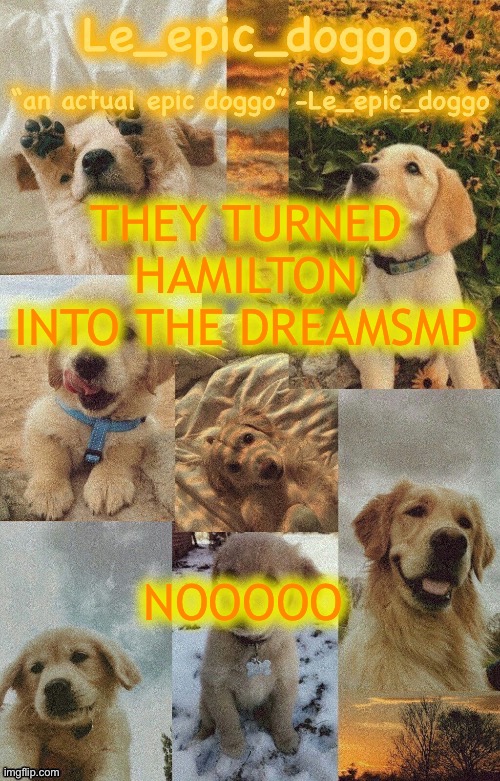 Doggo temp by doggo. Wait what that’s confusing | THEY TURNED HAMILTON INTO THE DREAMSMP; NOOOOO | image tagged in doggo temp by doggo wait what that s confusing | made w/ Imgflip meme maker