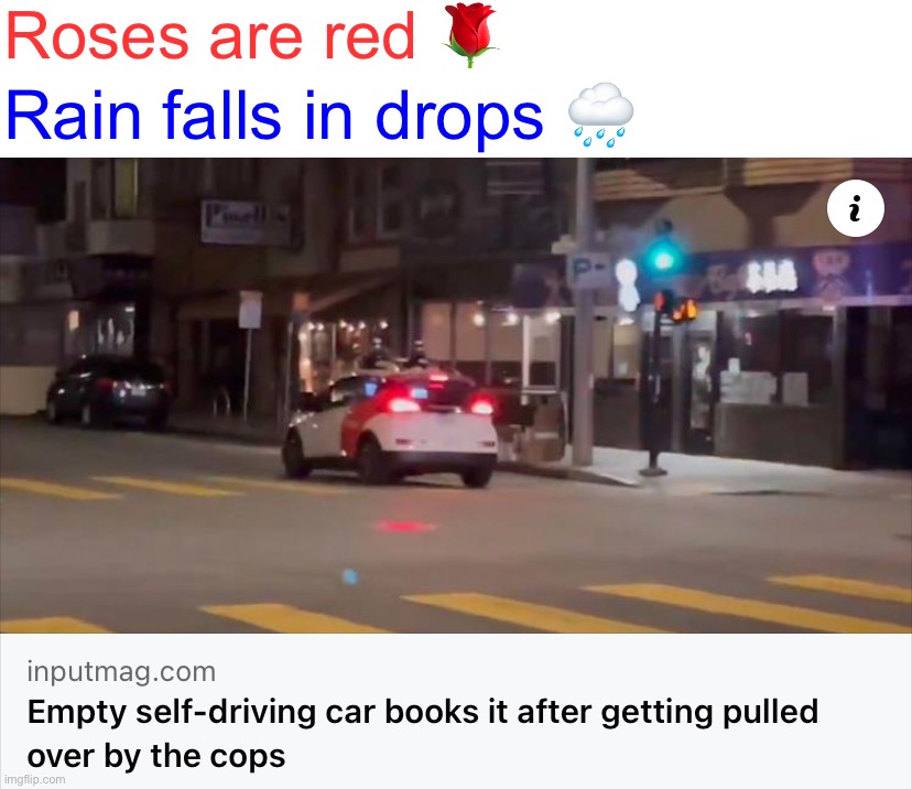 That’s it folks, enjoy the last few years of human rule |  Roses are red 🌹; Rain falls in drops 🌧 | image tagged in empty self-driving car | made w/ Imgflip meme maker