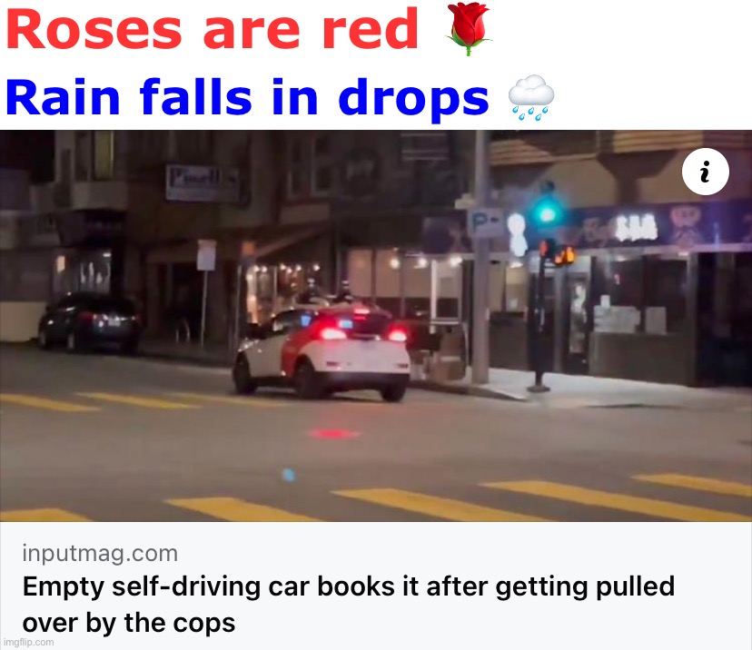 Uhh |  Roses are red 🌹; Rain falls in drops 🌧 | image tagged in empty self-driving car,uhh,artificial intelligence,uh oh,cops,cars | made w/ Imgflip meme maker