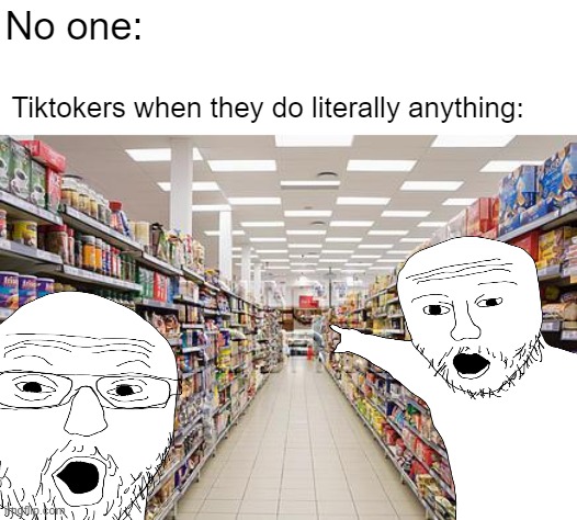 No one:; Tiktokers when they do literally anything: | image tagged in grocery aisle | made w/ Imgflip meme maker