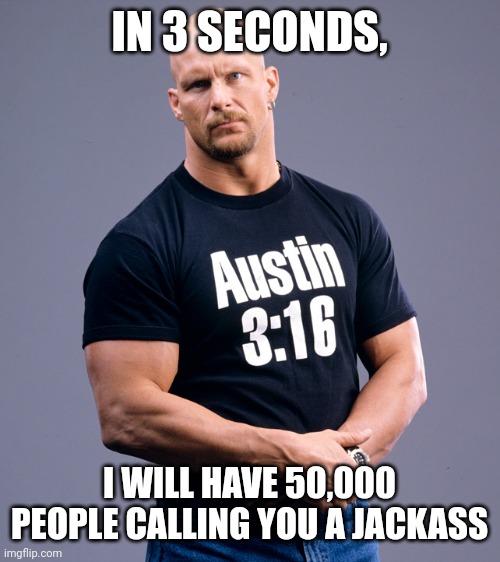 Stone Cold Steve Austin | IN 3 SECONDS, I WILL HAVE 50,000 PEOPLE CALLING YOU A JACKASS | image tagged in stone cold steve austin | made w/ Imgflip meme maker