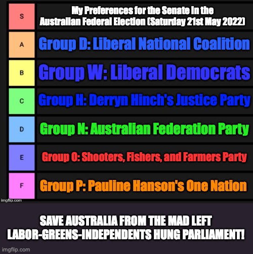 My Preferences for this election (Just a guide for the first 6 parties in my state) | My Preferences for the Senate in the Australian Federal Election (Saturday 21st May 2022); Group D: Liberal National Coalition; Group W: Liberal Democrats; Group H: Derryn Hinch's Justice Party; Group N: Australian Federation Party; Group O: Shooters, Fishers, and Farmers Party; Group P: Pauline Hanson's One Nation; SAVE AUSTRALIA FROM THE MAD LEFT LABOR-GREENS-INDEPENDENTS HUNG PARLIAMENT! | image tagged in tier list,liberal party,liberal democrats,derryn hinchs justice party,pauline hansons one nation,australia | made w/ Imgflip meme maker