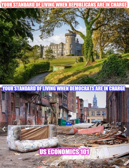 The Economy summed-up in one meme | YOUR STANDARD OF LIVING WHEN REPUBLICANS ARE IN CHARGE; YOUR STANDARD OF LIVING WHEN DEMOCRATS ARE IN CHARGE; US ECONOMICS 101 | image tagged in vote,republican party | made w/ Imgflip meme maker
