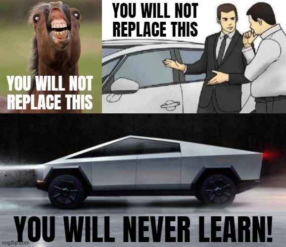 PROGRESS! | YOU WILL NOT
REPLACE THIS; YOU WILL NOT
REPLACE THIS; YOU WILL NEVER LEARN! | image tagged in memes,car salesman slaps roof of car,tesla truck,progress,never,learn | made w/ Imgflip meme maker
