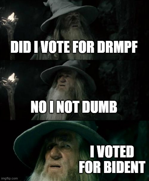Confused Gandalf Meme | DID I VOTE FOR DRMPF; NO I NOT DUMB; I VOTED FOR BIDENT | image tagged in memes,confused gandalf | made w/ Imgflip meme maker