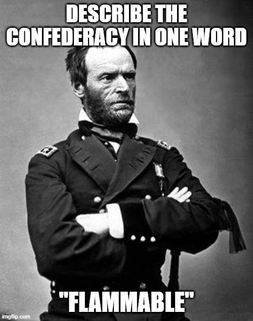 General Sherman | DESCRIBE THE CONFEDERACY IN ONE WORD; "FLAMMABLE" | image tagged in general sherman | made w/ Imgflip meme maker