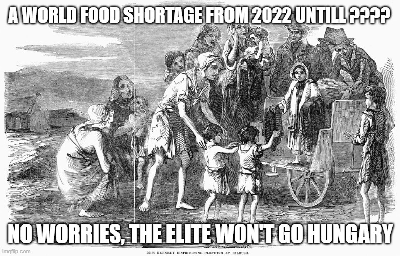 Famine | A WORLD FOOD SHORTAGE FROM 2022 UNTILL ???? NO WORRIES, THE ELITE WON'T GO HUNGARY | image tagged in famine | made w/ Imgflip meme maker