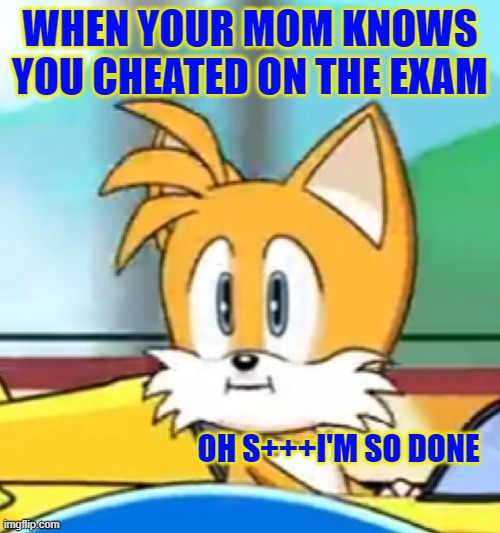 the reason I hate exams | WHEN YOUR MOM KNOWS YOU CHEATED ON THE EXAM; OH S+++I'M SO DONE | image tagged in tails hold up | made w/ Imgflip meme maker