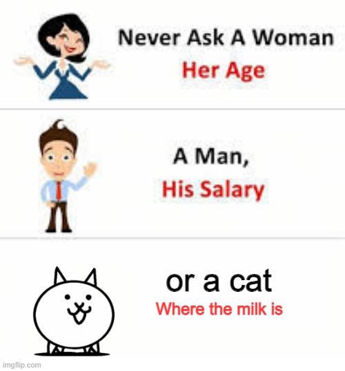 Cät |  or a cat; Where the milk is | image tagged in never ask a woman her age,cats | made w/ Imgflip meme maker