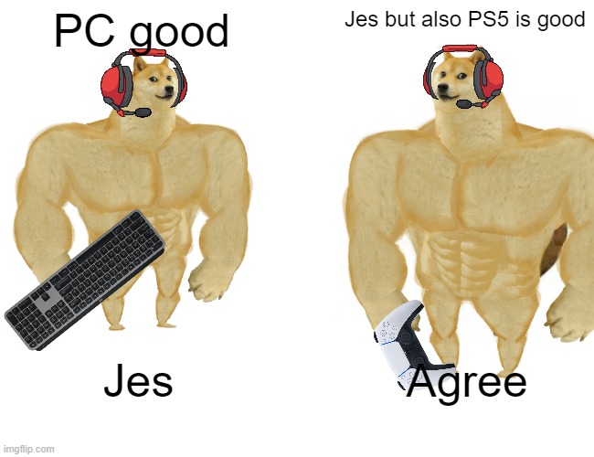 Good bois | PC good; Jes but also PS5 is good; Jes; Agree | image tagged in doge,buff doge,gaming | made w/ Imgflip meme maker