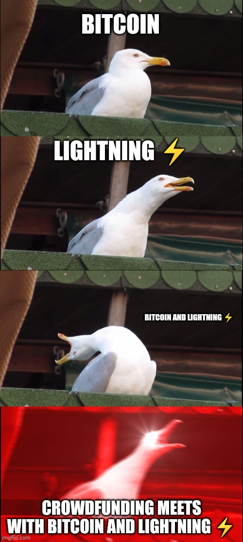 Bitcoin and lightning ⚡ | BITCOIN; LIGHTNING ⚡; BITCOIN AND LIGHTNING ⚡; CROWDFUNDING MEETS WITH BITCOIN AND LIGHTNING ⚡ | image tagged in memes,inhaling seagull | made w/ Imgflip meme maker