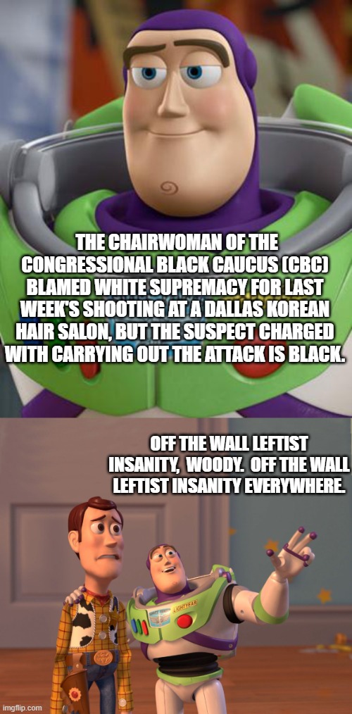 This is actually true.  You can't make this stuff up. | THE CHAIRWOMAN OF THE CONGRESSIONAL BLACK CAUCUS (CBC) BLAMED WHITE SUPREMACY FOR LAST WEEK'S SHOOTING AT A DALLAS KOREAN HAIR SALON, BUT THE SUSPECT CHARGED WITH CARRYING OUT THE ATTACK IS BLACK. OFF THE WALL LEFTIST INSANITY,  WOODY.  OFF THE WALL LEFTIST INSANITY EVERYWHERE. | image tagged in buzz lightyear is not amused | made w/ Imgflip meme maker