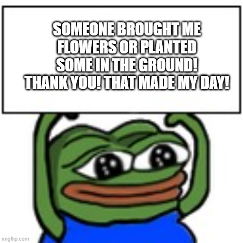 Pepe holding sign | SOMEONE BROUGHT ME FLOWERS OR PLANTED SOME IN THE GROUND! THANK YOU! THAT MADE MY DAY! | image tagged in pepe holding sign | made w/ Imgflip meme maker