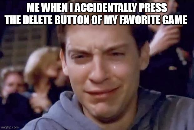 Tobey Maguire crying | ME WHEN I ACCIDENTALLY PRESS THE DELETE BUTTON OF MY FAVORITE GAME | image tagged in tobey maguire crying | made w/ Imgflip meme maker