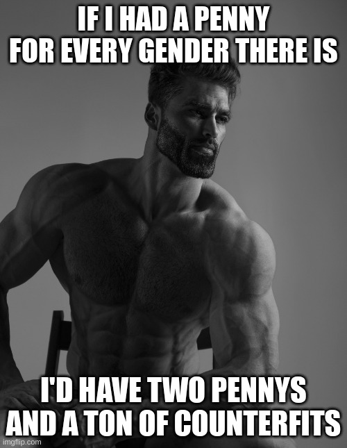 Giga Chad | IF I HAD A PENNY FOR EVERY GENDER THERE IS; I'D HAVE TWO PENNYS AND A TON OF COUNTERFITS | image tagged in giga chad | made w/ Imgflip meme maker