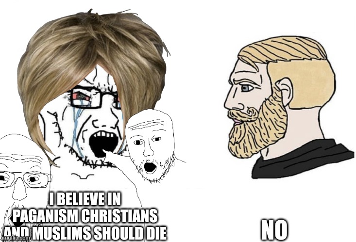 New image ???? | NO; I BELIEVE IN PAGANISM CHRISTIANS AND MUSLIMS SHOULD DIE | image tagged in hehehe | made w/ Imgflip meme maker