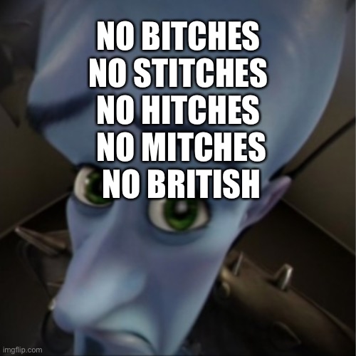 Alr | NO BITCHES 
NO STITCHES 
NO HITCHES 
NO MITCHES
NO BRITISH | image tagged in megamind peeking | made w/ Imgflip meme maker