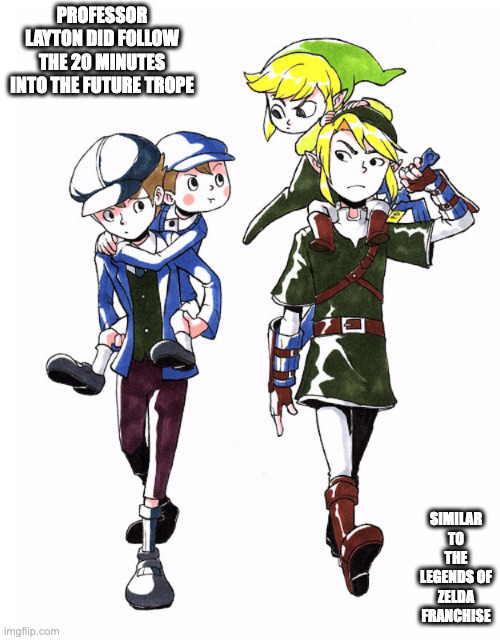 Luke and Link | PROFESSOR LAYTON DID FOLLOW THE 20 MINUTES INTO THE FUTURE TROPE; SIMILAR TO THE LEGENDS OF ZELDA FRANCHISE | image tagged in the legend of zelda,professor layton,memes | made w/ Imgflip meme maker