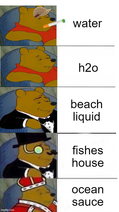 firen't | water; h2o; beach liquid; fishes house; ocean sauce | image tagged in tuxedo winnie the pooh 5 panels | made w/ Imgflip meme maker