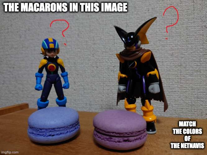 Netnavis With Macarons | THE MACARONS IN THIS IMAGE; MATCH THE COLORS OF THE NETNAVIS | image tagged in macarons,megaman,megaman battle network,memes | made w/ Imgflip meme maker