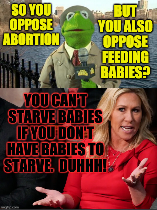 MTG explains. | BUT
YOU ALSO
OPPOSE
FEEDING
BABIES? SO YOU OPPOSE ABORTION; YOU CAN'T
STARVE BABIES
IF YOU DON'T
HAVE BABIES TO
STARVE.  DUHHH! | image tagged in kermit news report,memes,mtg explains,duh | made w/ Imgflip meme maker