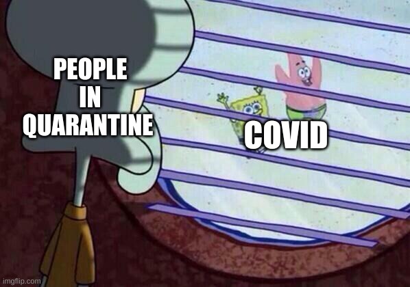 I HATE COVID | PEOPLE IN QUARANTINE; COVID | image tagged in squidward window | made w/ Imgflip meme maker