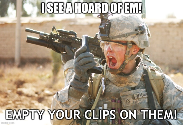 Relatable | I SEE A HOARD OF EM! EMPTY YOUR CLIPS ON THEM! | image tagged in us army soldier yelling radio iraq war | made w/ Imgflip meme maker