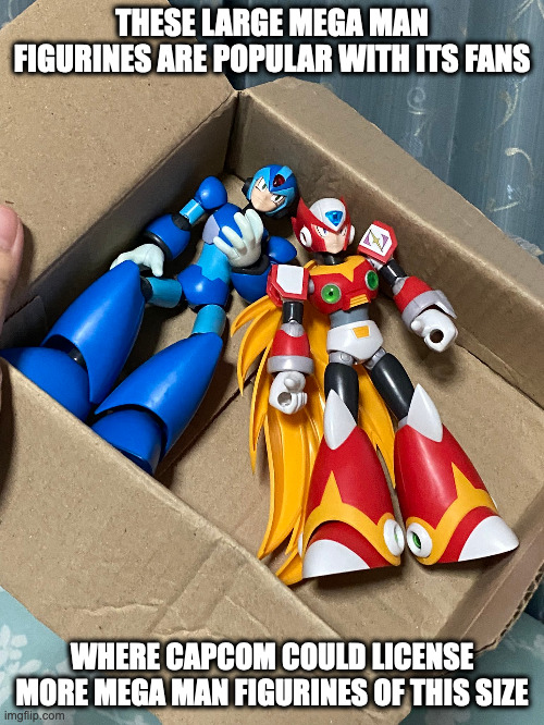 Large Mega Man X Figurines Inside Cardboard Box | THESE LARGE MEGA MAN FIGURINES ARE POPULAR WITH ITS FANS; WHERE CAPCOM COULD LICENSE MORE MEGA MAN FIGURINES OF THIS SIZE | image tagged in megaman,megaman x,memes | made w/ Imgflip meme maker