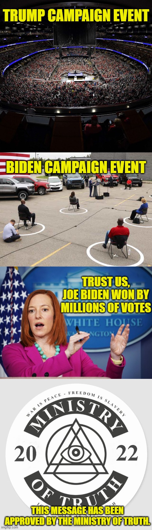 Don't Believe Your Lying Eyes! | TRUMP CAMPAIGN EVENT; BIDEN CAMPAIGN EVENT; TRUST US, JOE BIDEN WON BY MILLIONS OF VOTES; THIS MESSAGE HAS BEEN APPROVED BY THE MINISTRY OF TRUTH. | image tagged in jen psaki explains,donald trump,joe biden,election fraud,ministry of truth | made w/ Imgflip meme maker